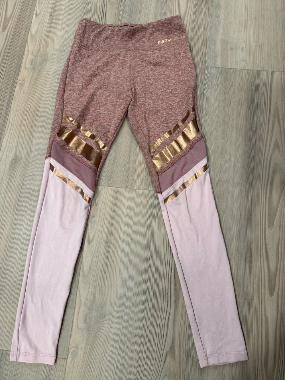 Justice Rose & Light Pink Leggings with Metallic Gold Trim